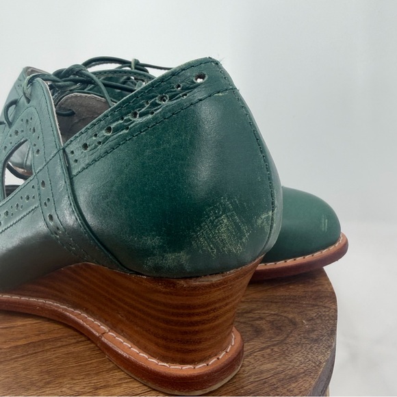Elf Handmade Green Leather Lace-Up Wedge Shoes Size 7 Boho Oxford - Picture 9 of 13